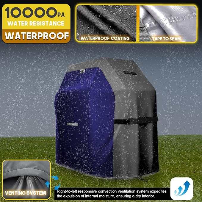 LIBZAKI Grill Cover 420D Waterproof, Weather Resistant, Rip-Proof, Anti-UV, Fade Resistant,Gas Grill Cover for Weber,Char Broil,Nexgrill Grills, etc.60 inches-Blue/Gray