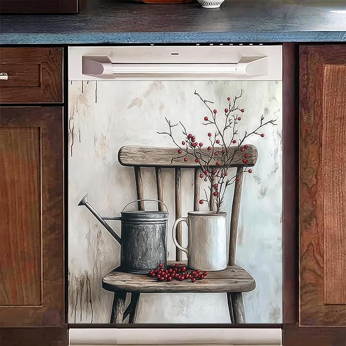 Vintage Dishwasher Magnetic Cover for Door Front 23x26 Inch Farm Floral Dish Washer Magnet Bouquet Country Chair Dishwasher Magnet Panel Decal for Fridge Home Appliance Kitchen Decoration