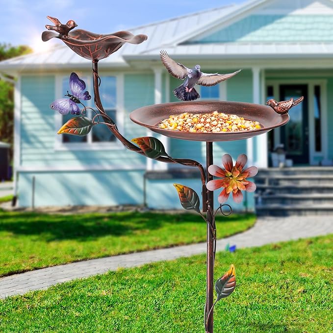 MUMTOP Bird Baths and Feeder for Outdoors, 55 inch Height Metal Birdbath Antique Garden Bird Feeder with Metal Stake for Garden Outside Yard Lawn Decorations, Copper