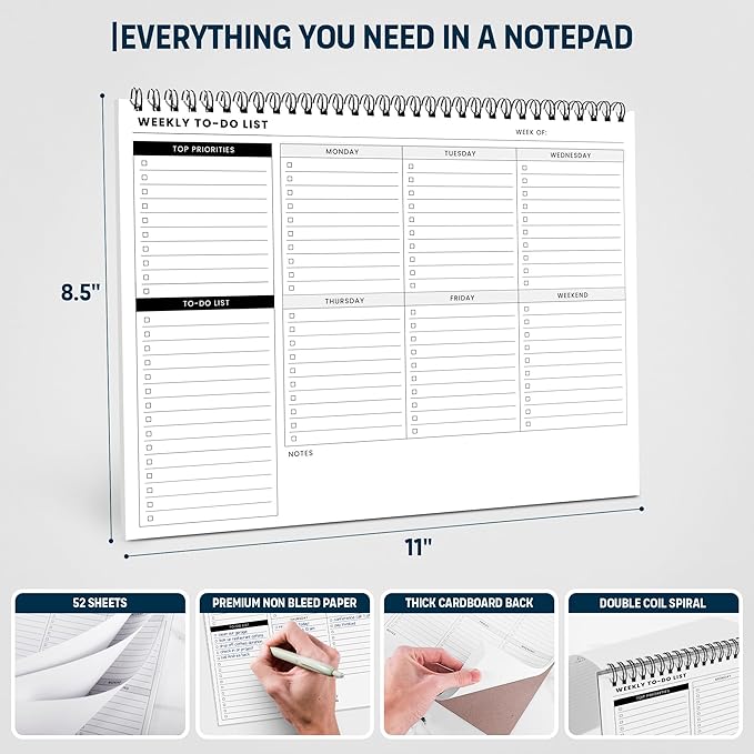 Of a Happy Kind Weekly To Do List Spiral Planner Pad - 8.5x11 52 Sheets - Desk Notepad with Multiple Sections - Undated Planning Notebook Checklist, Todo Agenda Plan