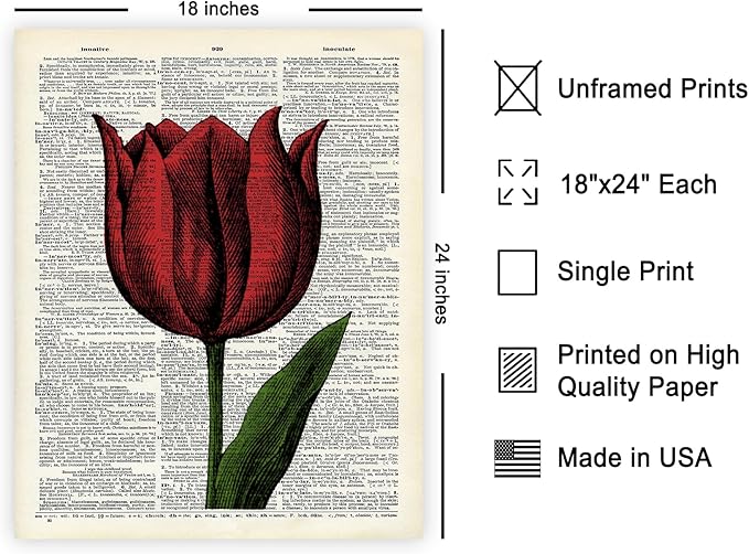 Poster Master Dictionary Art Poster - Tulip Print - Red Flower Art - Floral Art - Gift for Men, Women & Florist - Minimal Decor for Living Room, Bedroom, Dorm or Flower Shop, 18x24 Unframed Wall Art