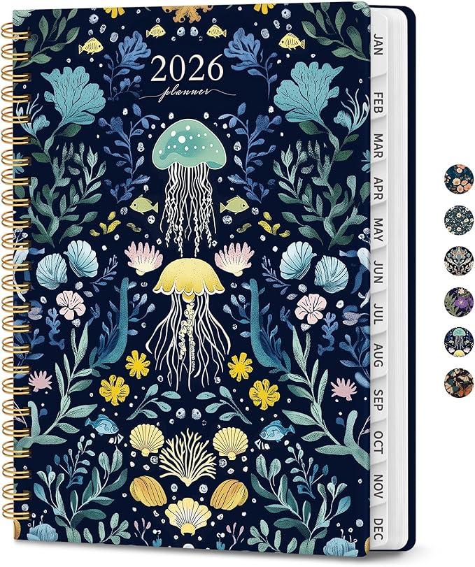 2026 Planner, Weekly and Monthly Planner for Women, Jan 2026 - Dec 2026 Pretty 2026 Calendar Planner with Monthly Tabs, Inner Pocket, Spiral Binding, Perfect for Office Home School - 6.3" x 8.5", Jellyfish Drift