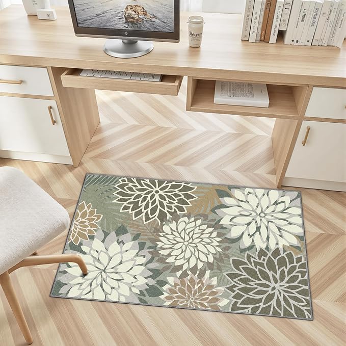 Arenarug 2x3 Washable Small Rug Tropical Botanical Modern Floral Indoor Chenille Door Mat Carpet Non Slip for Patio, Entry Way, Entrance, Porch, Taupe