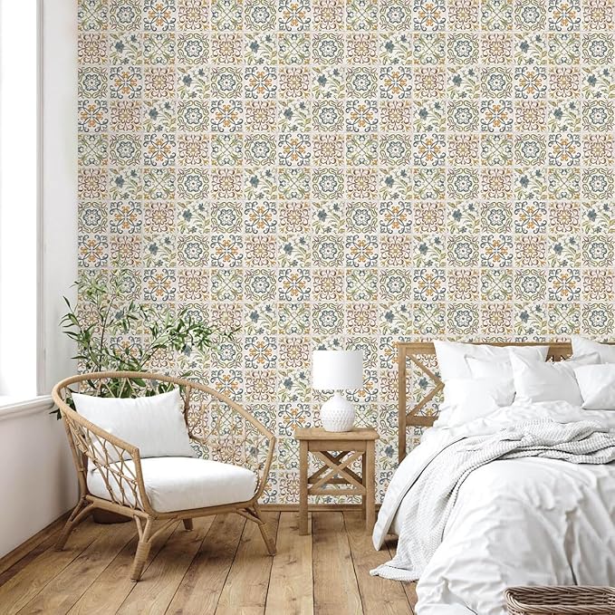 Wudnaye Bohemian Wallpaper Peel and Stick Faux Tile Contact Paper 17”×393” Tile