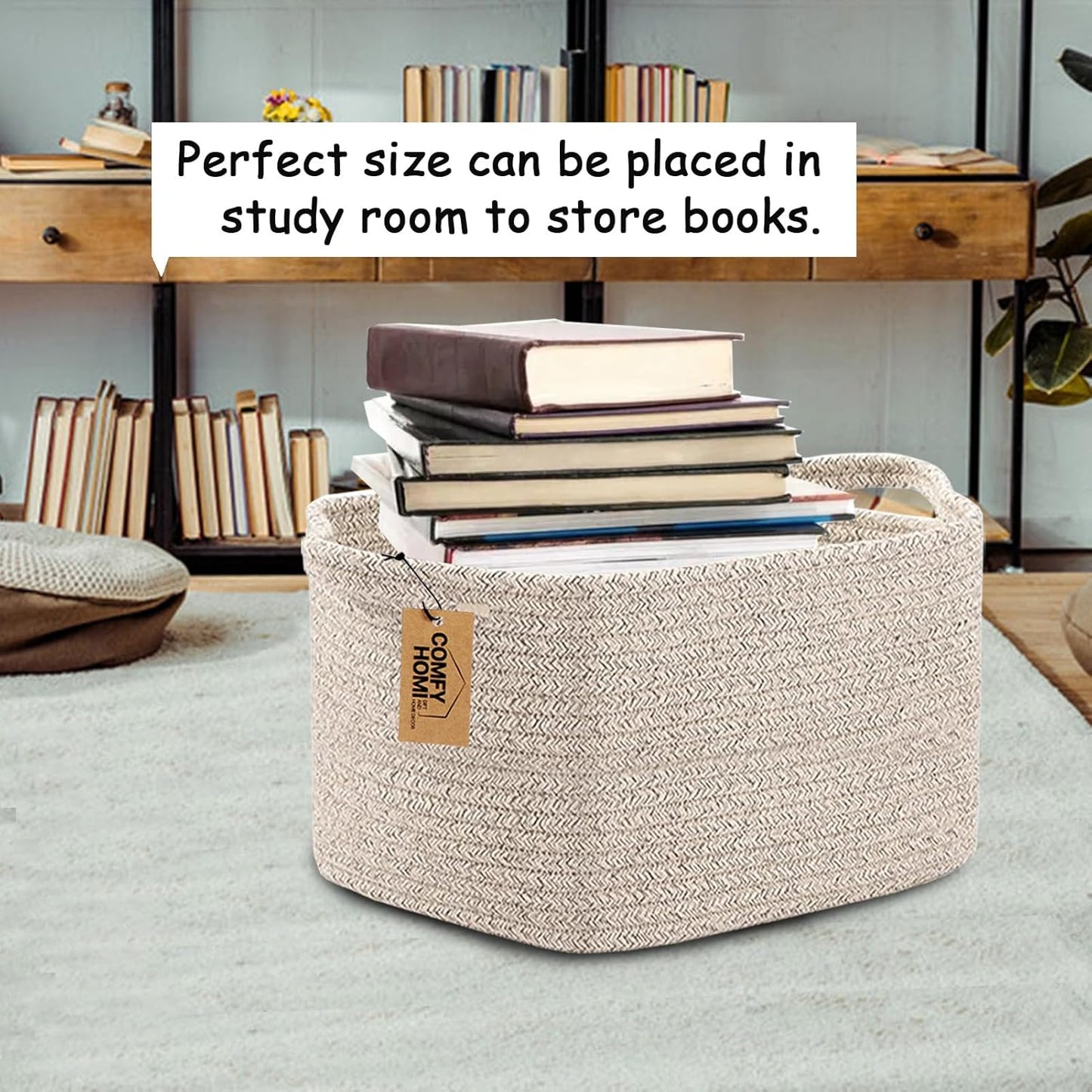 COMFY-HOMI 3PACK Cotton Rope Woven Basket With Handles for Shelves, Toy, Book, Cloth Storage Basket for Organizing|13.5" x 11" x 9.5" Decorative Nursery Cube Bin for Living Room（all brown）