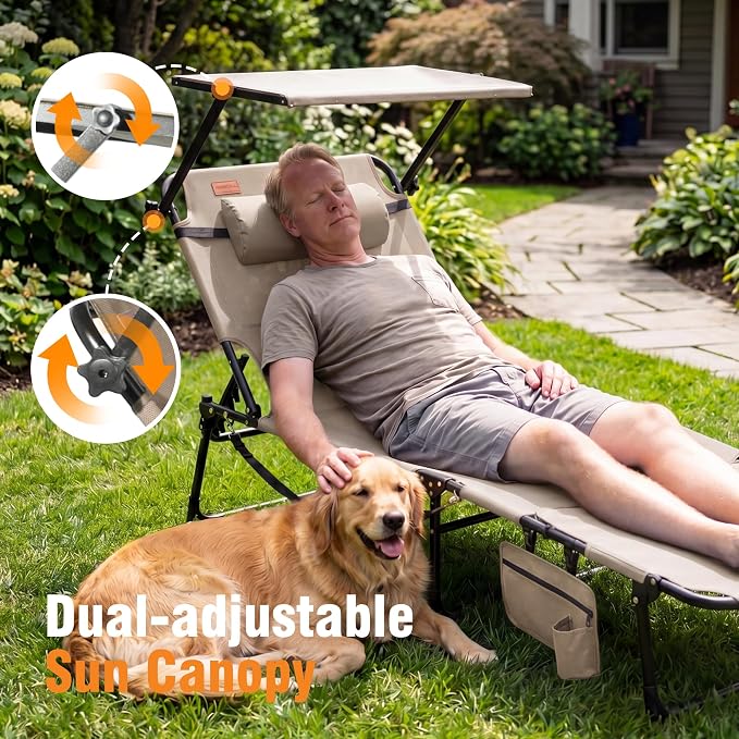 Tanning Chair with Face Hole & Canopy, 28'' Extra Wide, Beige | Folding Chaise Lounge Chair with 4-Position Adjustable Backrest for Beach, Pool, Patio & Camping
