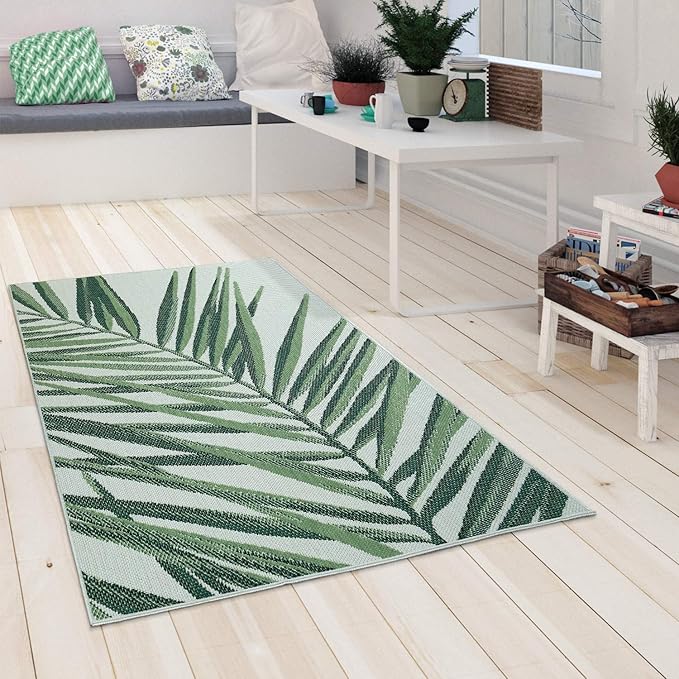 Outdoor Rug Green Beige with Palm Leaf Pattern for Patio Terrace Flat Weave, Size: 3'11" x 5'7"