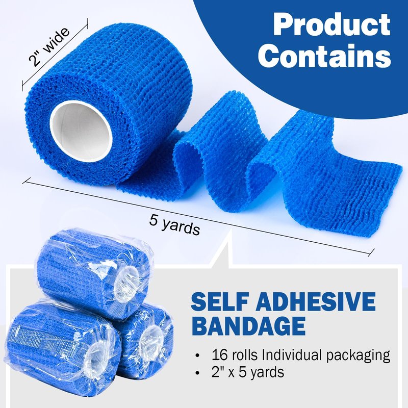 AZEN 16 Pack Self Adhesive Bandage Wrap Pink, 2" X 5 Yards Elastic Cohesive Bandage Wrap, Athletic Tape, Vet Wrap, Ankle Tape, Tattoo Grip Tape Wrap (Blue)