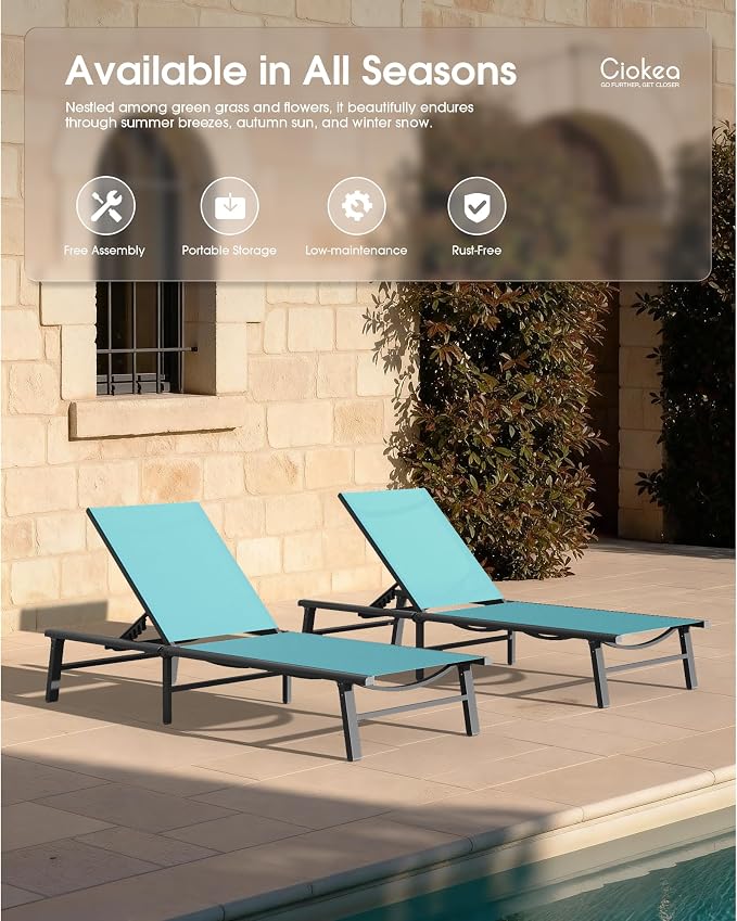 Aluminum Outdoor Lounge Chairs Set of 2- No Assembly Needed, Foldable Patio Chaise Lounge with 5 Adjustable Positions, Reinforced Frame for Extra Durability, Pool Beach Lounge Chairs, Lake Blue