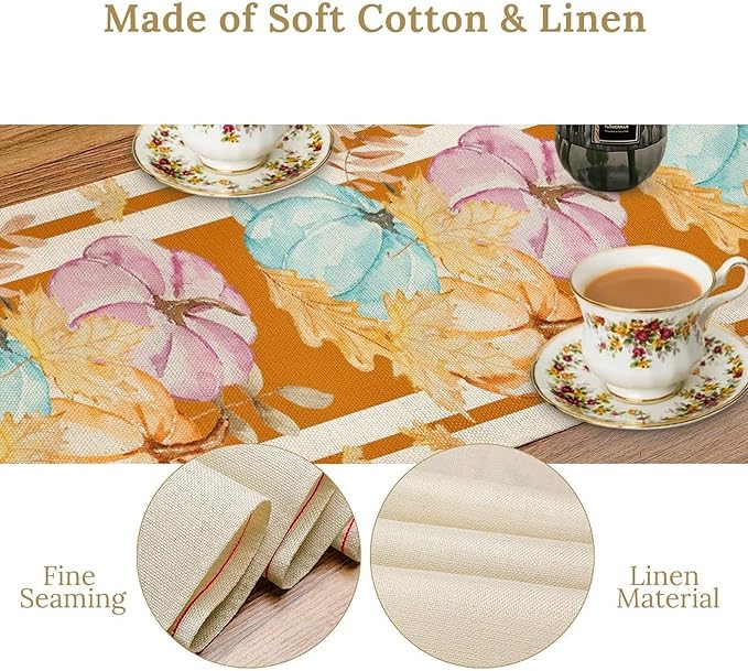 Watercolor Pumpkin Table Runner Rustic Farmhouse Autumn Plants Colorful Leaves Pastoral Harvest Theme Home Decor for Farmhouse Indoor Outdoor Party Holiday Dining Kitchen Restaurant Cafe W13xL108in