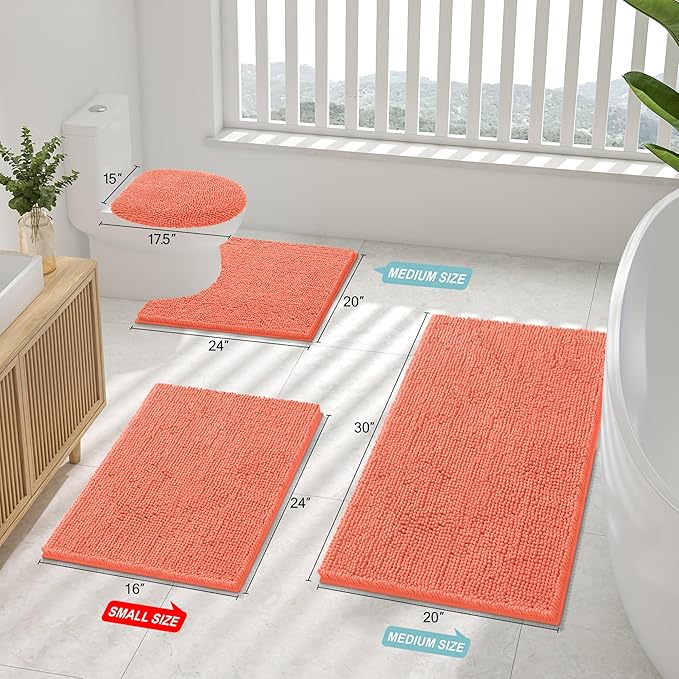 Smiry Luxury Chenille Bathroom Rugs 59x20, Extra Soft and Absorbent Shaggy Bath Mat, Machine Washable, Non-Slip Plush Carpet Runner for Tub, Shower, and Floor, Home Decor Accessories, Coral