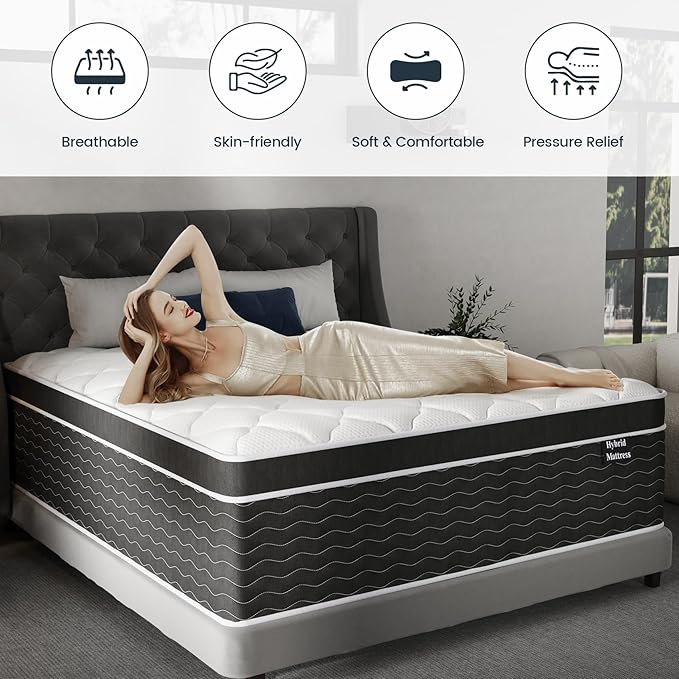 Queen Mattress, 10 inch Bed Mattresses in a Box, Medium Plush Hybrid Mattress Queen Size with Gel Memory Foam and Pocket Springs, Pressure Relief, Cooling and Breathable