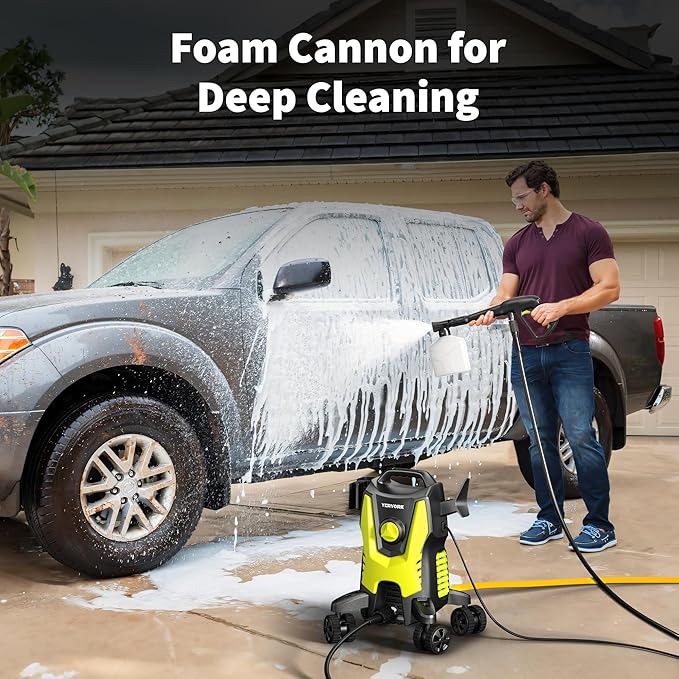 Yeryork Pressure Washer, Power Washer with 4 Lockable Wheels, Stainless Steel Lance, 4 Quick Connect Nozzles, 500ml Foam Cannon, Car Pressure Washer for Decks/Driveways/Patios (Fluorescent Green)