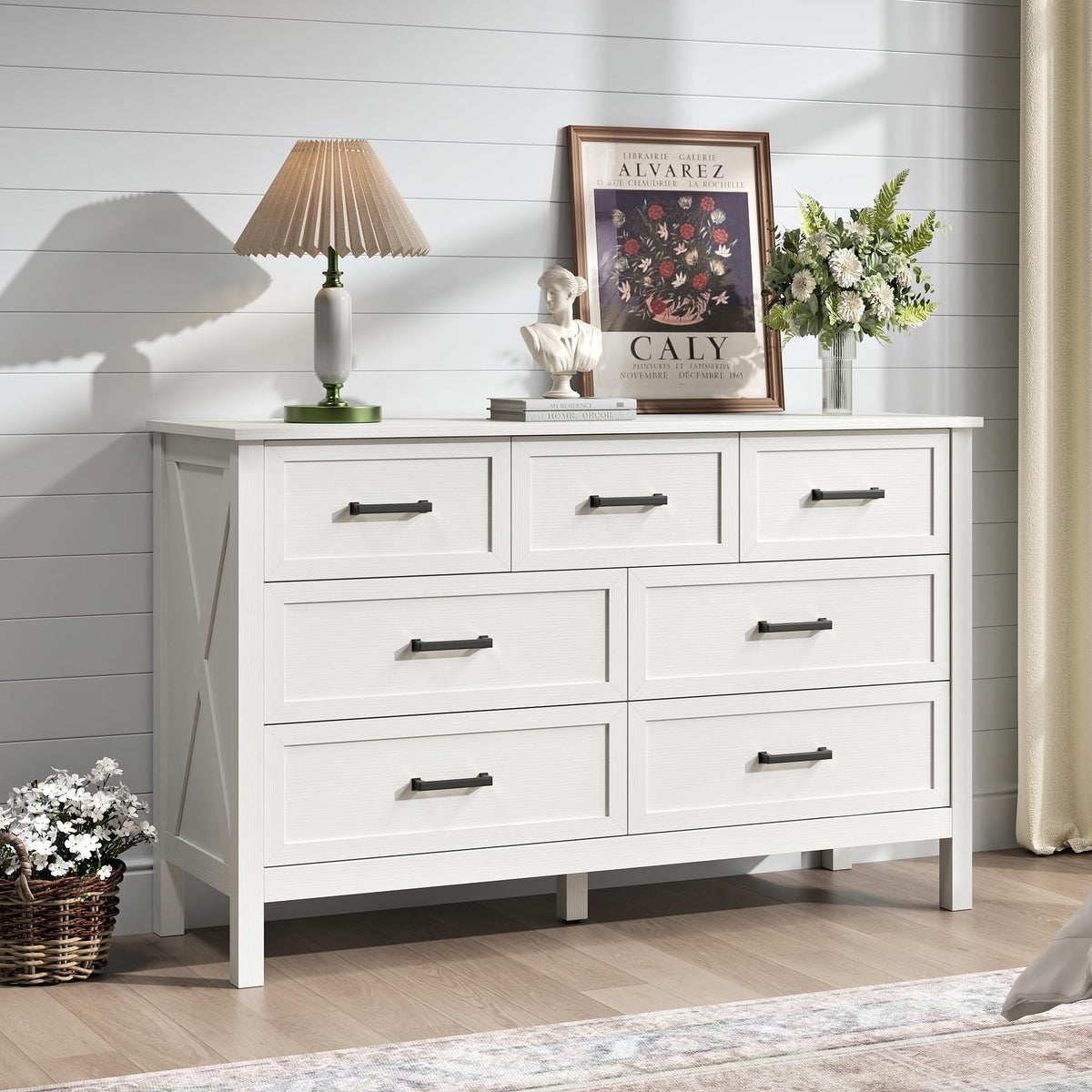 BAZELOR Farmhouse Dresser for Bedroom, 7 Drawers Dresser with Natural Texture, Wood Rustic Wide Chest for Bedroom, Hallway, Entryway, White