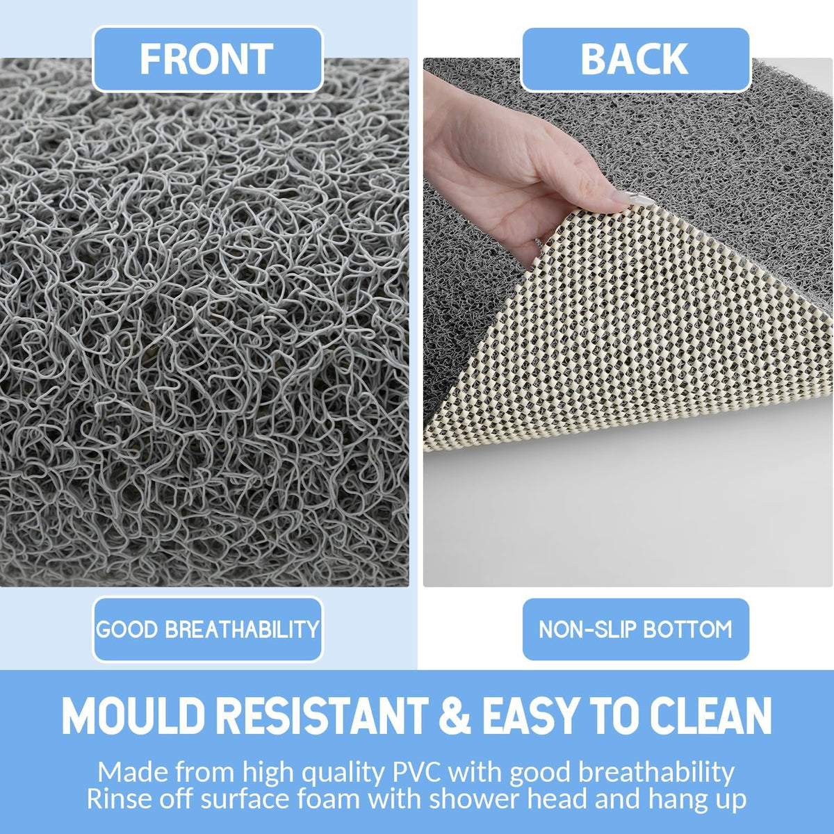 Non-Slip Bathtub Mat, Anti Slip Shower Mat, Fast Drying Bathtub Mats, Foot Scrubber Mat, Anti Slip Mat for Tub, Floor, Bathroom, Kitchen, Home, Hotel (Grey 40"×28")