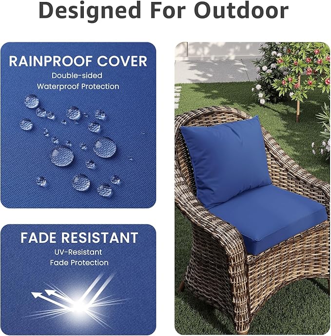 PatioGlow Outdoor Chair Cushions 22 x 22 x 3 Inch, Waterproof & Fade Resistant Patio Seat Cushion for Furniture with Handle and Ties, Thick Seating Pads for Outside Sofa Couch Set of 2, Blue