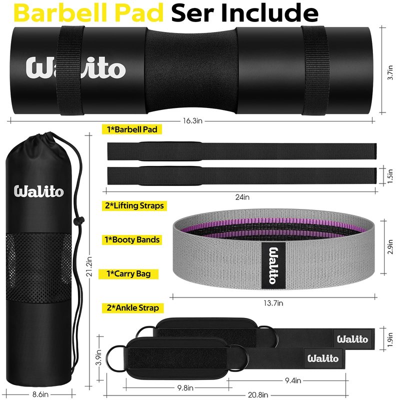 WALITO 8Pcs Barbell Pad Set for Hip Thrust - Squat Pad,Gym Accessories for Women with Bar Bad,Bench Press, with Gym Ankle Straps,Resistance Bands for Working Out,Lifting Strap,Carry Bag (Black)