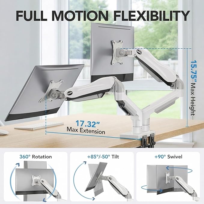 HUANUO Dual Monitor Stand - Full Adjustable Monitor Desk Mount Swivel Vesa Bracket with C Clamp, Grommet Mounting Base for 13 to 32 Inch Computer Screens - Each Arm Holds 4.4 to 19.8lbs - White