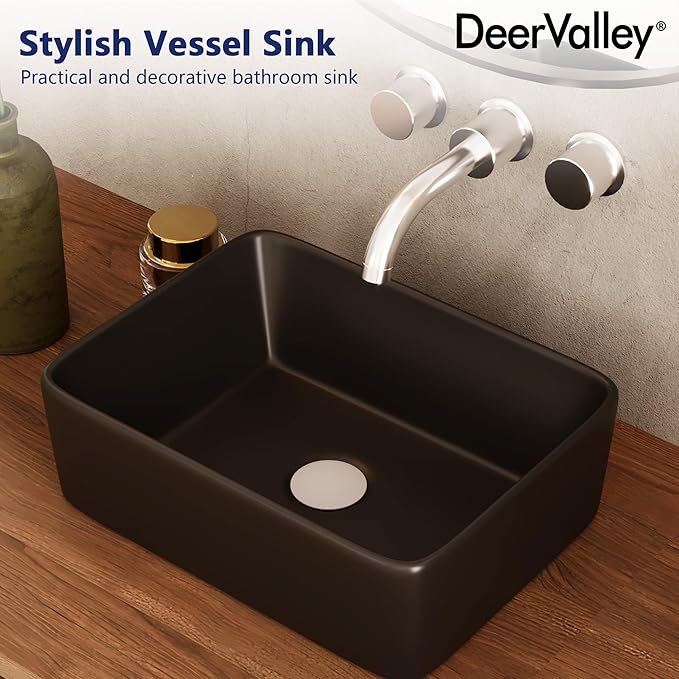 DeerValley 16x12 Inch Black Rectangular Vessel Sink, Above Counter Porcelain Ceramic Top Mount Sink, Countertop Vanity Art Basin for Bathroom, DV-1V0048B