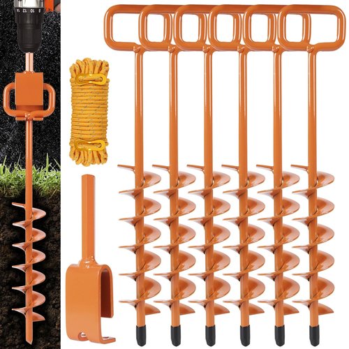 15in Screw in Tent Stakes for 2025 - Ground Anchors Screw in, with Tent Stakes Heavy Duty Adapter & 30ft Nylon Rope – Perfect for Tent Anchors, Ground Anchors Heavy Duty(Orange,6PCS)