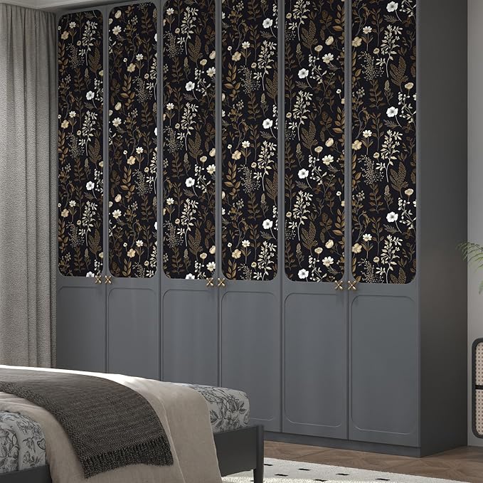 Extra Long Moody Floral Wallpaper Peel and Stick, 17.5In x 393In Black Dark