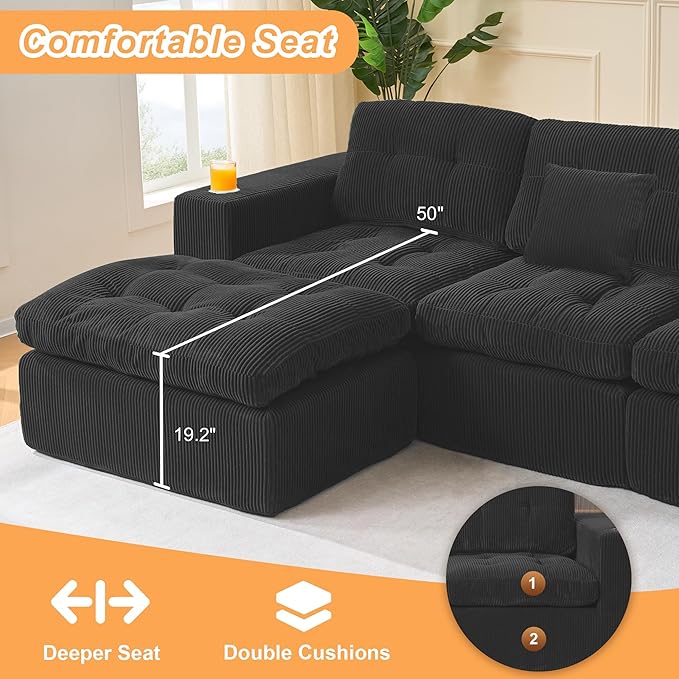 108 Inch Cloud Sectional Couch Modern Modular Sectional Sofa with Deep Seat - L Shaped Comfy 3 Seater Sectional Couches Memory Foam Boneless Fits Living Room & Bedroom, Black