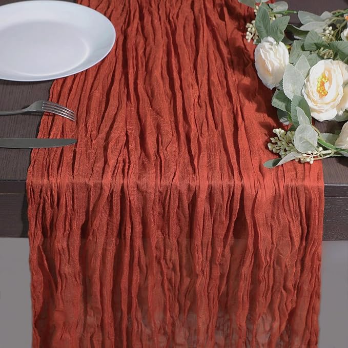 Snowkingdom 10 Ft Fall Thanksgiving Table Runner Terracotta Rust Cheesecloth Gauze, 120 inch Long Burnt Orange Boho Cheese Cloth for Wedding Bridal Shower Rustic Sheer Table Decorations
