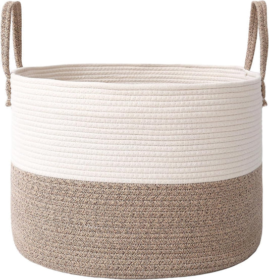 Woven Blanket Basket,115L Large Rope Storage Bin with Handles, Organizer for Blankets Toys Book and Clothes, Laundry Basket for Living Room Bedroom Nursery,White&Brown