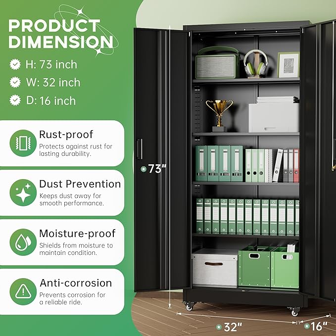 INTERGREAT Metal Storage Cabinet with Wheels, 73" H Rolling Metal Cabinets with Doors and Shelves, Black Steel Lockable Cabinet on Wheels for Garage Storage
