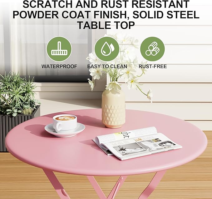 3-Piece Folding Bistro Set Outdoor Patio Furniture, Space-Saving Foldable Chairs & Table Capacity Heavy-Duty Powder-Coated Steel Frame, No Assembly Required for Garden, Balcony, Backyard, Pink