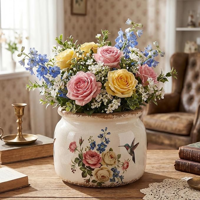 7.7″ Large Vintage Ceramic Plant Pot with Hummingbird Bloom Pattern Cream White Rustic Planter with Ice Crackle Glaze & Drainage Hole for Indoor Outdoor Plants Home Kitchen Office Decor Gift