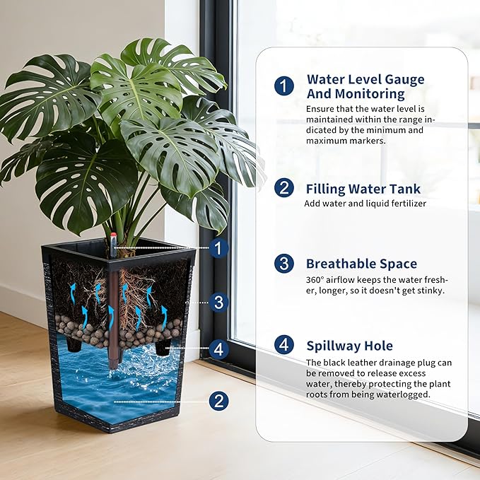 Garvee 16" Tall Planters Set of 2, Self Watering Tall Planters, Outdoor＆Indoor Planter Pots, High Front Porch Planters Pots with Drainage Holes＆Water Level Monitor, Black