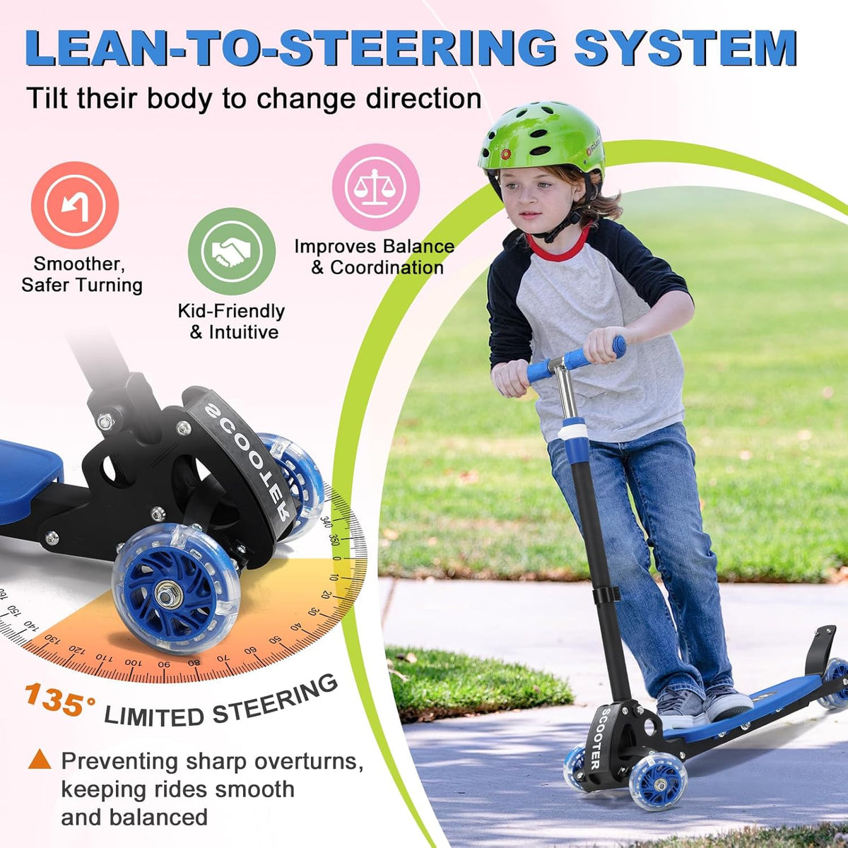 **Skiennix Light-Up 3-Wheel Kick Scooter for Kids | Adjustable Handlebar & Anti-Slip Deck | Up to 150 lbs**