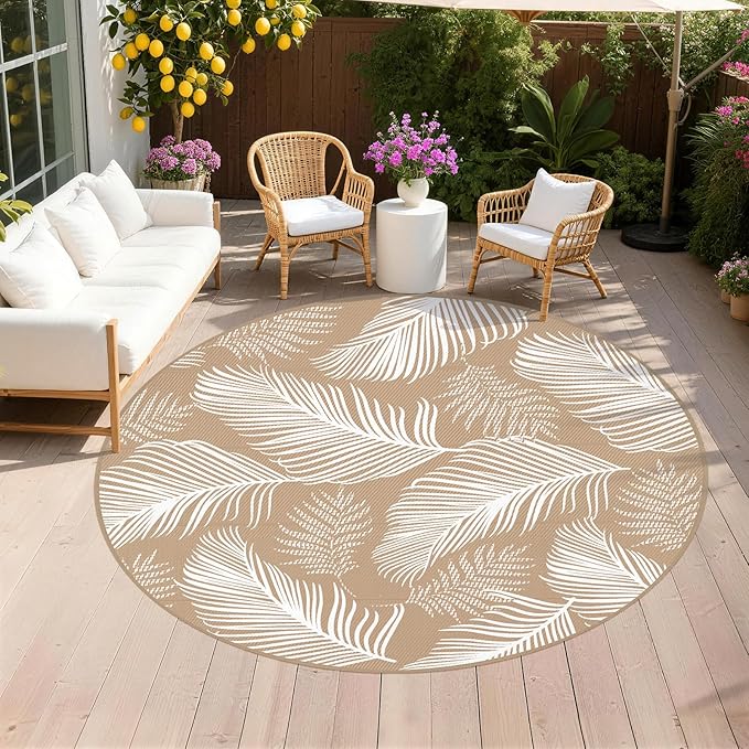 Pauwer Waterproof Outdoor Rug 8ft, Reversible Plastic Straw Patio Camping Rug, Indoor Outdoor RV Mat Carpet for Deck, Camper, Porch, Balcony, Backyard, Picnic, Leaf Brown