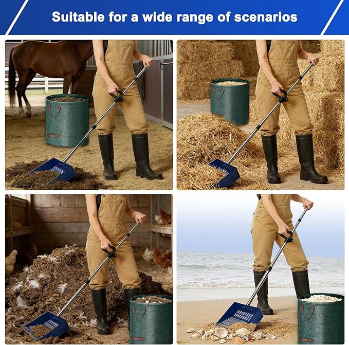 Chicken Poop Scooper & Rake, Stainless Steel Shovel Head Pooper Scooper, Adjustable Stainless Steel Handle 28"-68", Chicken Scooper for Chicken Coop Cleaning Tool with Reuseable Yard Waste Bags