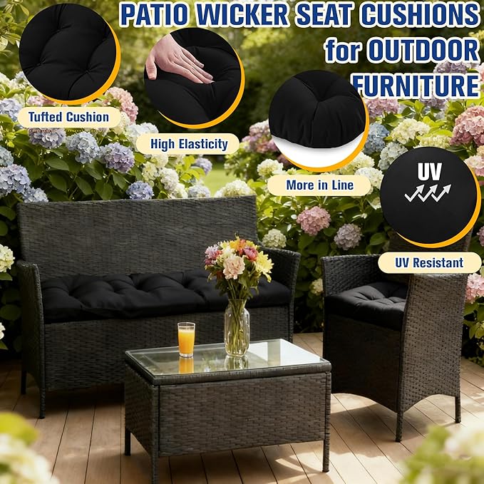 Patio Furniture Cushions Outdoor, Waterproof Wicker Chair Cushions Set of 3, 1 Loveseat & 2 Seat Pads, Thick Outdoor Replacement Cushions for Porch Lawn Bench Couch Sofa Swing, Black