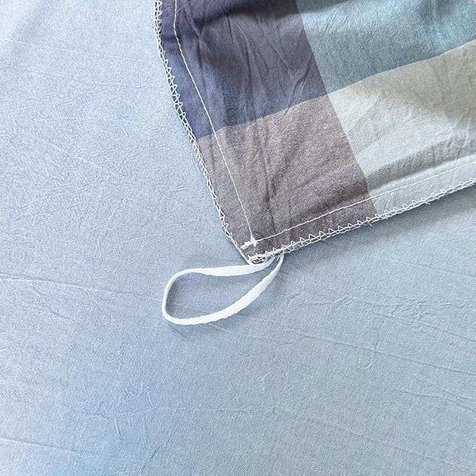 FACE TWO FACE Bedding Duvet Cover Set100% Washed Cotton Duvet Cover Linen Like Textured Breathable Durable Soft Comfy (King, Cardamom Blue Grid)