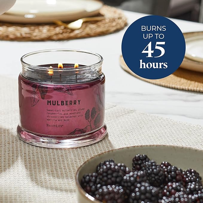 PartyLite Mulberry Scented, Notes of Tart Black Currant, Sweet Blackberry, Juicy Mulberry & Jewels of Pomegranate, 13.2oz 3-Wick Jar Candle, 45 Hour Burn Time, Luxurious Fragrance, Perfect for Gifting