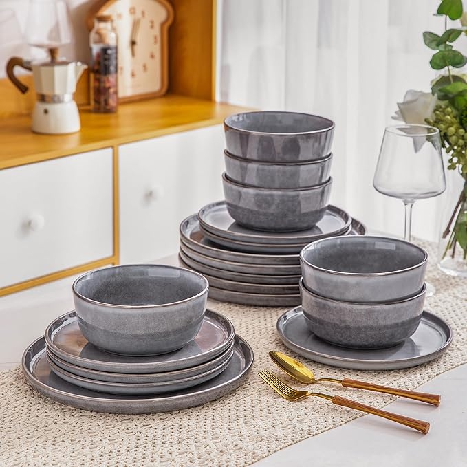AmorArc Stoneware Dinnerware Sets,Round Reactive Ceramic Plates and Bowls Sets,Highly Scrath Resistant | Dishwasher & Microwave Safe Dishes,Service for 6 (18pc)