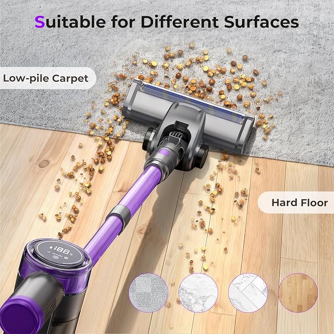 Cordless Vacuum Cleaner, 30Kpa Vacuum Cleaners for Home, Stick Vacuum with LED Display, 2 Roller Brushes for Anti-Tangle & Hard Floor, 6 in 1 Lightweight Vacuum for Hard Floors Carpet Pet Hair