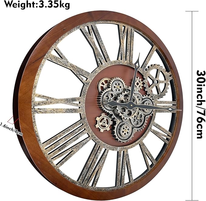 The B-Style Large Real Moving Gears Wall Clock 30 inch Rustic Retro Industrial