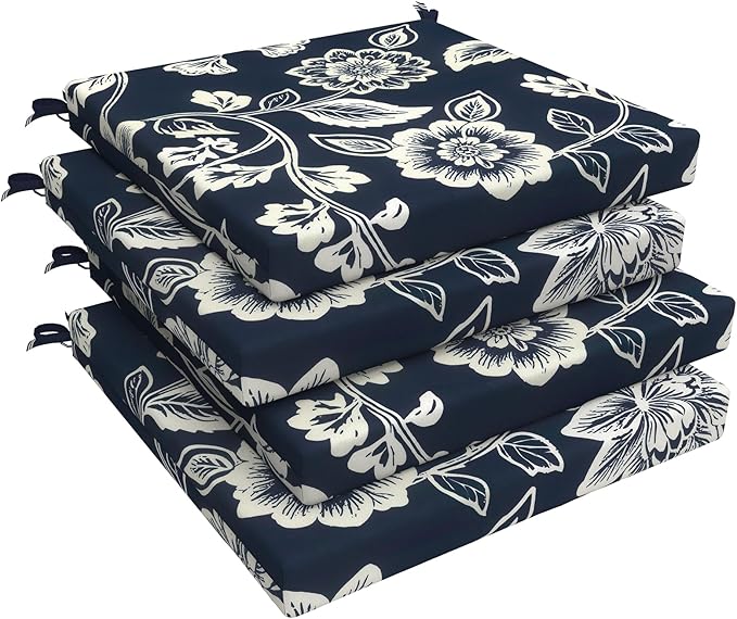 LVTXIII Outdoor Seat Cushions Seasonal Replacement Chair Cushions, Patio Chair Pads with Ties for Dining Chairs and Garden Furniture, Square Back, 19"x19"x2", 4 Pack, Elegant Vines Navy