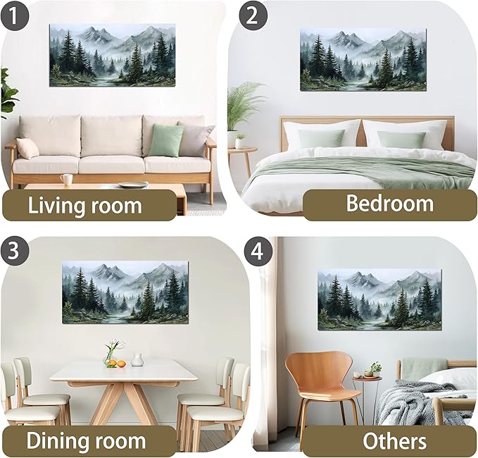 Tarfupth Large Misty Forest Wall Art for Living Room Green Nature Mountain Landscape Canvas Artwork with Trees and River Nature Art for Bedroom Office Home Decor 20x40 Inch