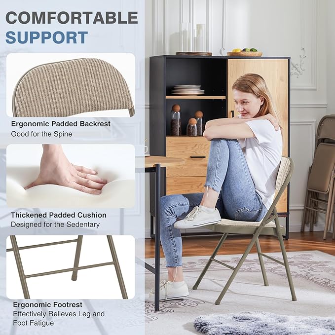 DUMOS 2 Pack Folding Chairs with Padded Cushion and Back - Fabric Stackable Portable Dining Chairs Set, for Home and Office, Conference, Wedding, Party, Patio, Garden, for Indoor Outdoor, Khaki
