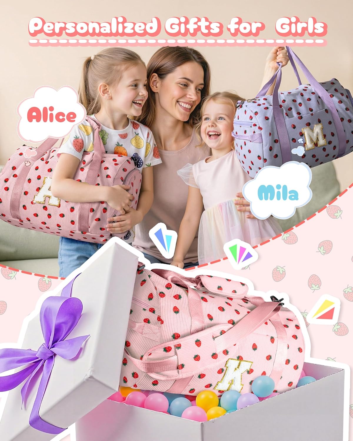 Skiennix Personalized Girls Gym Bag - Stylish Weekend Duffel with Shoe Compartment & Makeup Pouch | Ideal Birthday Gift for 6-Year-Old (Letter L)