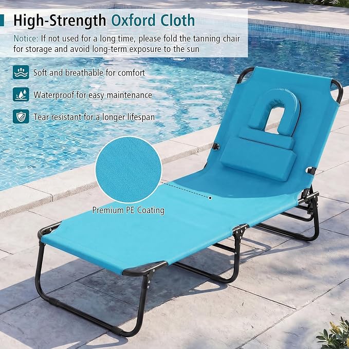 Folding Beach Lounge Chair w/ 5 Adjutable Backrest & Padded Pillow, Sunbathing Lounger Chair, Sun Tanning Lay Flat Chair for Seaside Pool Deck, Max Load 330 LBS, No Assembly Required (Navy)