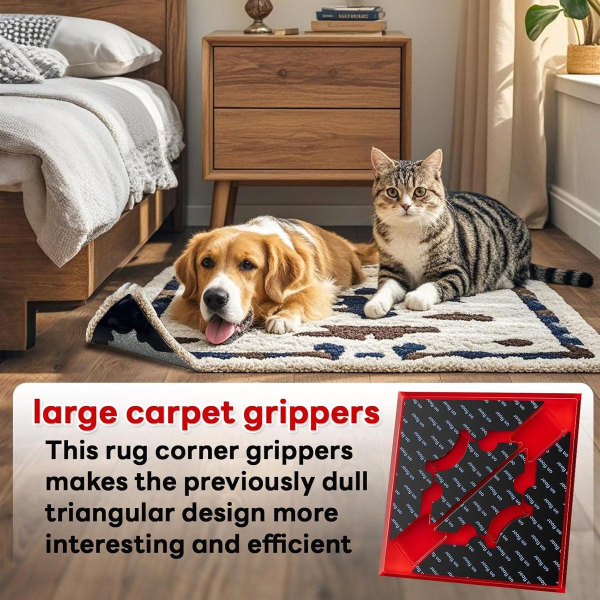 Rug Non Slip Grippers, Reusable Keep Rug Corner Down Tape Pads for Hardwood Floors, Strong Carpet Gripper for Area Rugs, No Damaging for Floor, 32Pcs