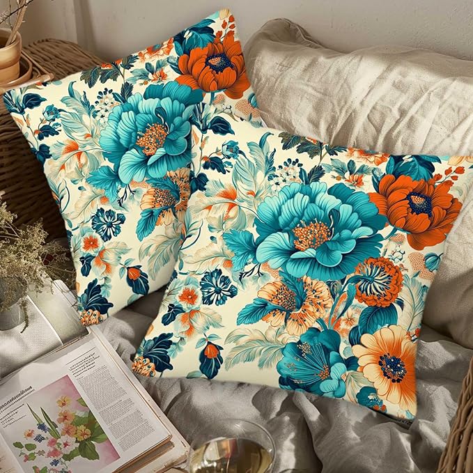 Floral Throw Pillow Covers 18x18 Set of 2, Flower Pillowcase for Couch, Sofa, Living and Bed Room, Vintage Home Decoration with Zipper Closure
