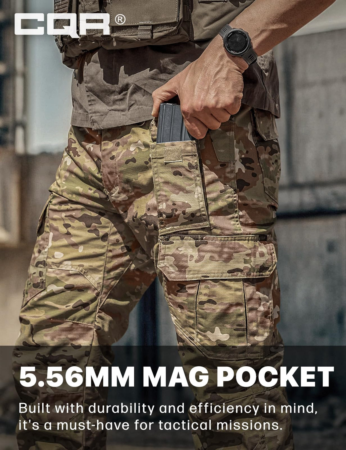 CQR Men's Tactical Pants, Water Resistant Ripstop Cargo Pants, Lightweight EDC Work Hiking Pants, Outdoor Apparel, Duratex Mag Pocket Utility Camo, 44W x 32L
