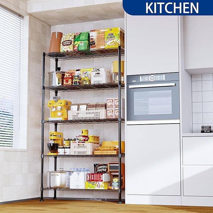 REGILLER 5-Wire Shelving Metal Storage Rack Adjustable Shelves,Standing Storage Shelf Units for Laundry Bathroom Kitchen Pantry Closet(Black,14.1" D x 36.1" W x 71.5" H)